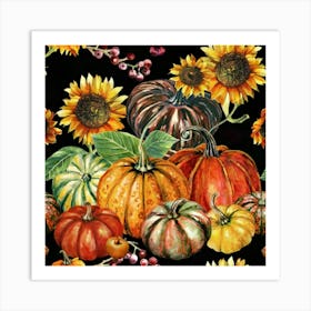 Autumn harvest of pumpkins, berries and sunflowers Colorful pumpkins and pumpkin harvest 1 Art Print