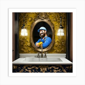 A Happy Plumber Installing Modern Faucet Painting (1) Art Print