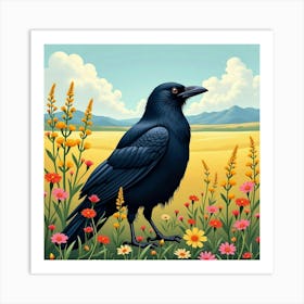 Raven In Flowering Meadow 1 Art Print