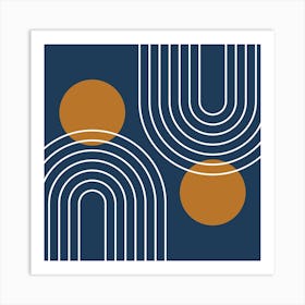 Mid Century Modern Geometric In Navy Blue And Copper (Rainbow And Sun Abstract) 02 Art Print