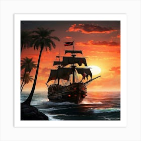 Pirate Ship At Sunset Art Print