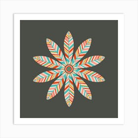 Petal Mandala Mid-Century Modern Scandi Folk Floral in Retro Boho Colours on Charcoal Brown Art Print