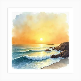 Watercolor Of A French Seaside Sunset With Golden Hues And Tranquil Waves 1 Art Print