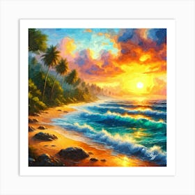 Oil Texture Tropical Beach At Sunset 5 Art Print