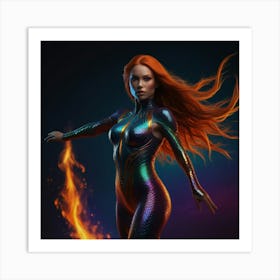 A Phoenix-style female mermaid suspended in space with her hands coming forward casting a spell with a dynamic and expressive hand pose, her face is serious, her long braided fire-red hair reflects psychedelic rainbow flames and her eyes are glowing neon orange with energy smoke coming from the sides, her bodysuit and boots are full gold chrome with her body in a defensive dynamic flying pose, psychedelic black light colors, hyper-realistic, Full body shot zoomed out xc Art Print