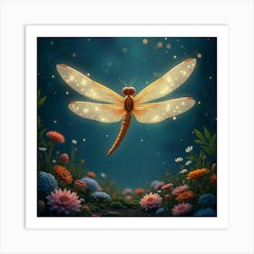 A Whimsical Dragonfly With Wings Of Sparkling, Translucent Light Hovering Over A Cosmic Garden Art Print