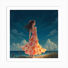 Beautiful Woman In Watercolor Dress, Serene Starlit Night 1 Art Print