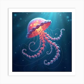 A Whimsical Jellyfish With Tendrils Of Glowing, Fractal Patterns Drifting Through A Magical Sea Art Print