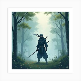 Ninja Fighter In A Misty Forest With Watercolor Background 1 Art Print