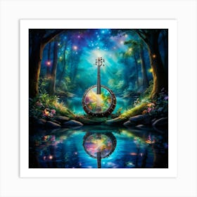 Enchanted Forest Scene With A Banjo Floating On A Still Body Of Water Reflections Forming A Kaleido (1) Art Print