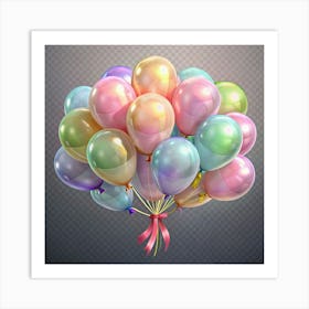 Bunch Of Multi Colored Balloons With Pink Ribbon Art Print