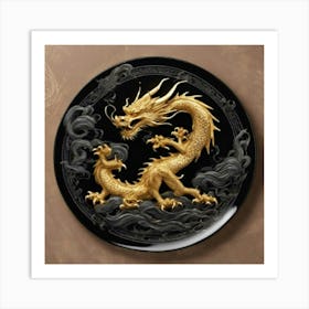 Plato Negro Dragon Dorado Adorno De Pared Art Print