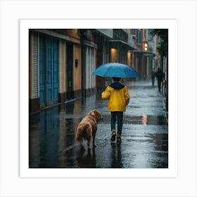 Leonardo Kino Xl A Kid Walking His Dog In The Rainy Day Holdin 3 Art Print