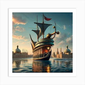 Xebec Ship Sailing On The Sea With Persian Town Art Print