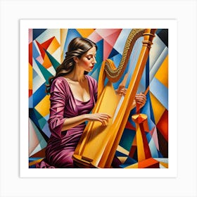 Woman Playing Harp Cubism Style Art Print