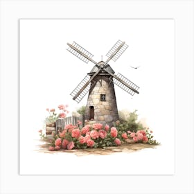 Windmill With Roses Art Print