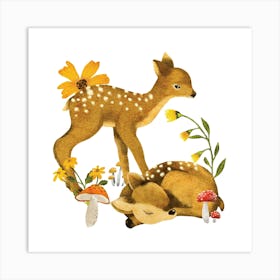 Woodland baby deer and flowers Art Print