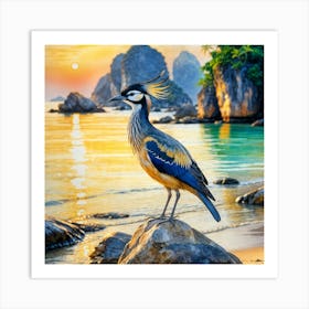 Exotic Bird On A Rock At Sunset Art Print