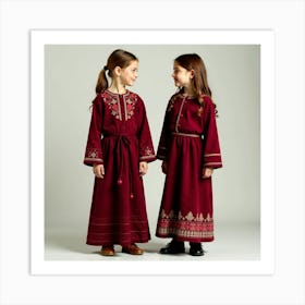 Two Girls In Traditional Russian Costumes Art Print