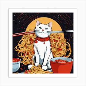 Cat With Chopsticks Art Print