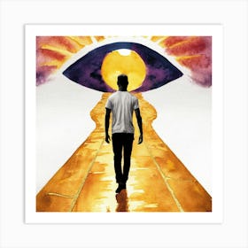 Golden Gate Watercolor depicting a surreal portrait of a man walking along a path leading to an eye-shaped hole in the horizon, against a bright sunset sky, monochrome, shimmering gold accenting the path., illustration, photo, 3d render, painting, portrait photography Art Print