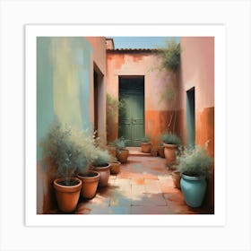 Abstract Oil Painting Featuring An Italian Courtyard Garden Pots Of Terracotta And Olive Green Nest Art Print