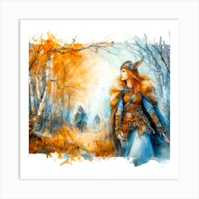 A Portrait Of A Female Warrior In The Woods Art Print