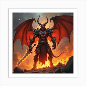 Demon Lord Holding A Flaming Sword In A Fiery Realm 1 Art Print