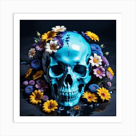 Blue Skull With Flowers Art Print