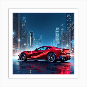 Ferrari F12tdf With A Bright Watercolor Cityscape At Night, No Logo Or Signature 1 Art Print