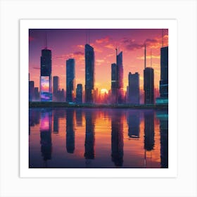 A Futuristic Cityscape at Sunset Art Print