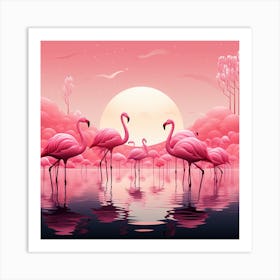 Pink Flamingos At Sunset Art Print