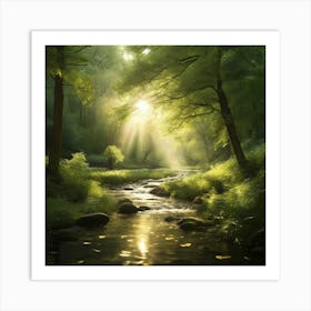 A captivating scene of a lush green forest with golden sunlight filtering through the trees. The leaves are gently swaying in the breeze, and a stream flows with sparkling water, reflecting the light. The atmosphere should be peaceful and serene 2 Art Print