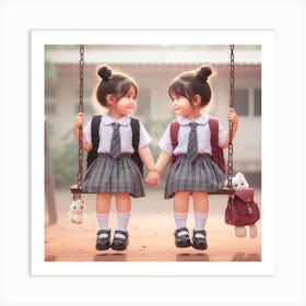 Two Schoolgirls On A Swing Art Print