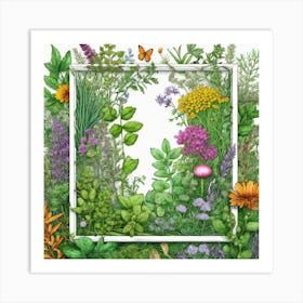 Watercolor Frame With Herbs And Flowers Art Print