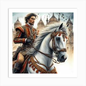 Medival Portugese Gentleman On A Horse Color Drawing Art Print