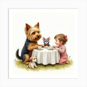 A Yorkshire Terrier And A Child Having A Tea Party With Stuffed Animals, Watercolor Art Print