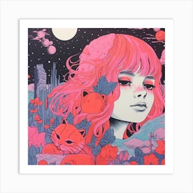 Ethereal Girl Surreal Risograph Illustration, Bubblegum Colours 3, Cats & Dreams Art Print