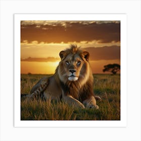 A Majestic Lion Lounging On A Grassy Savanna At Sunset, Surrounded By The Golden Hues Of The Setting Sun And The Vast Expanse Of The African Plains Art Print