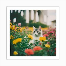 Cat in flowers yellow and orange Art Print