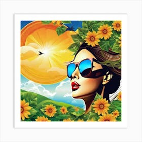 Portrait Of A Woman With Sunflowers Art Print