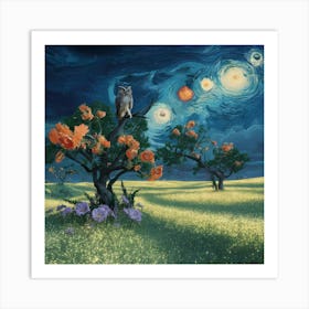 Owl On A Starry Night Van Gogh  Art Print