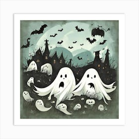 Cute Bedsheet Ghosts, Countryside Vintage Style " Halloween Spooky Art Print Art Print