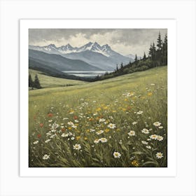 vintage oil painting of wild flowers in a meadow, mountains in the background 12 Art Print