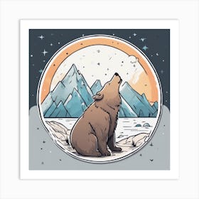 Sticker Art Design, Bear Howling To A Full Moon, Kawaii Illustration, White Background, Flat Colors, 1 Art Print