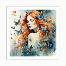 Red Haired Girl With Butterflies III Art Print