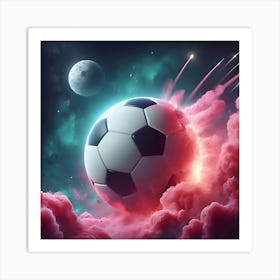 A Photo Realistic Soccer Ball As A Planet In Space With Pink Smoke And Explosions, With 2 Moons In The Background, Digital Art 4 Art Print