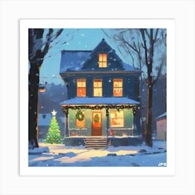 Christmas Decorated Home Outside Acrylic Painting Trending On Pixiv Fanbox Palette Knife And Brus (3) Art Print