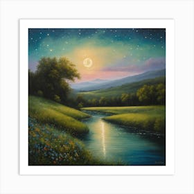 Oil painting picture of a very clear moon with stars, beautiful sky, river, flowers and sand 1 Art Print