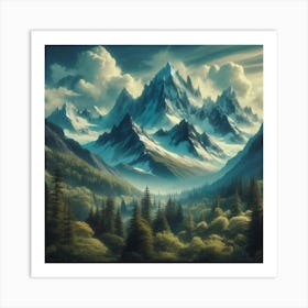 Mountain landscape with tall snowy peaks Art Print